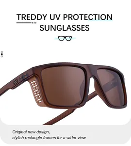 Detail of square matte brown sunglasses featuring side shields and UV protection