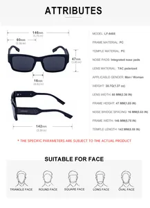Detailed size chart for square polarized sunglasses with dimensions for frame and temples