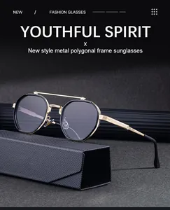 Polygonal metal sunglasses with double-bridge frame and textured triangular leather case