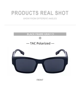 Macro detail of men's square black sunglasses featuring polarized gray TAC lenses
