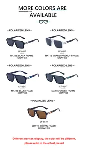 Polarized square sunglasses collection showing five matte frame colors and gray lenses