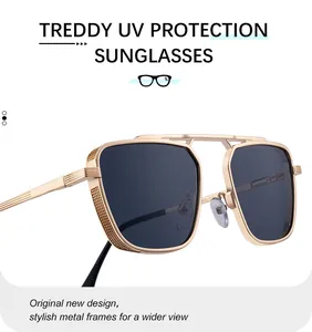 Détail de lunettes steampunk avec monture dorée et protections latérales en maille