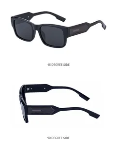 Macro view of black square polarized sunglasses showing 45 and 90 degree side details