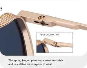 Vue détaillée de lunettes rétro avec charnières à ressort dorées et texture en maille latérale