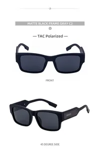 Macro detail of matte black square sunglasses with TAC polarized lenses and metal trim