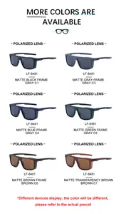 Detailed grid view of polarized square sunglasses in six matte finish color options