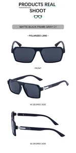 Detailed views of matte black polarized sunglasses with metal hinges and square frames