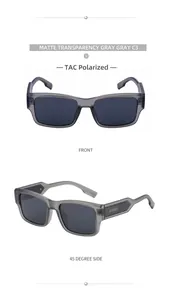 Detail of square polarized sunglasses with matte transparency gray frame and TAC lenses