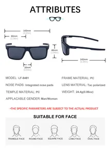 Detailed size chart for square polarized sunglasses with PC frame and dimensions