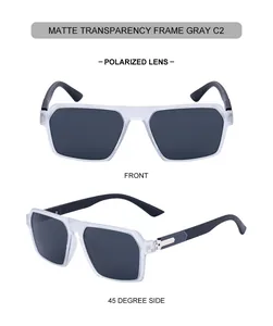Detail of square polarized sunglasses featuring matte transparent frames and grey lenses