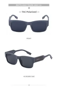 Detail view of matte gray square polarized sunglasses with TAC lenses and metal accents