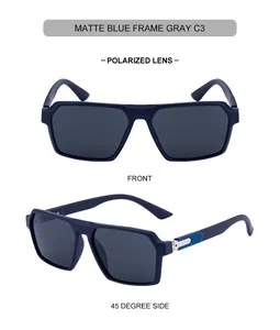 Detailed views of matte blue polarized square sunglasses with gray lenses from multiple angles