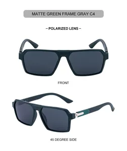Polarized square sunglasses in matte green with gray lenses and metallic temple detail