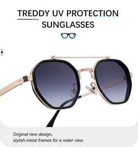 Detailed macro view of trendy polygon sunglasses with double bridge and gradient lenses