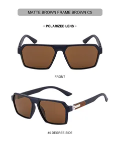 Detail view of matte brown square polarized sunglasses with silver metal hinge accents