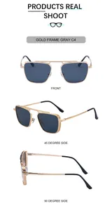 Vue sous trois angles de lunettes de soleil carrées dorées avec charnières à ressort