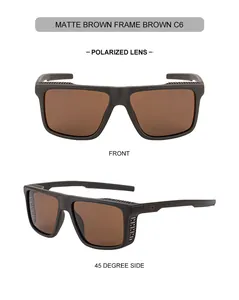 Front and 45-degree side views of matte brown square polarized sunglasses with brown lenses