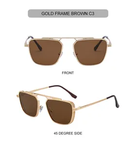Détail des lunettes de soleil carrées dorées avec verres bruns et charnières texturées