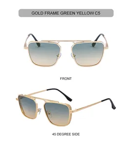 Gros plan de lunettes de soleil carrées rétro avec monture dorée et verres dégradés