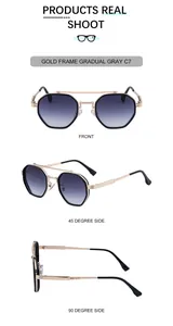 Detailed views of gold polygon metal frame sunglasses with gradual gray lenses