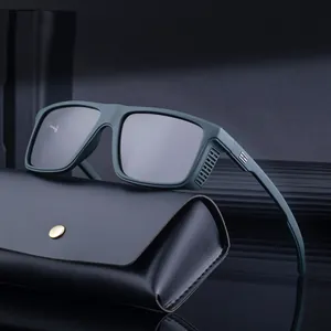 Fashionable matte green square polarized sunglasses with dark lenses and leather case