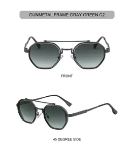 Detailed front and 45-degree side views of gunmetal polygonal double-bridge sunglasses