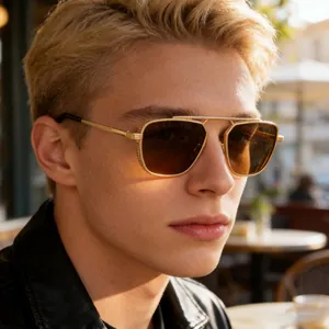Lunettes de Soleil Vintage Carrées pour Hommes Monture en Alliage de Zinc Verres en PC Double Pont Style Punk UV400 Mode pour Voyage Fête