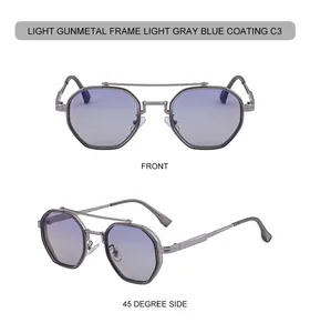 Detail of light gunmetal polygon sunglasses with light gray blue coating C3