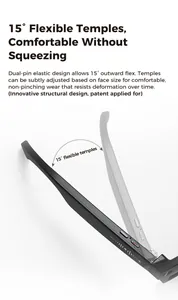 Detalle de gafas inteligentes con bisagra flexible de 15 grados y montura negra mate