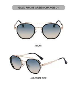 Detail of gold polygonal sunglasses with green-orange gradient lenses and double bridge