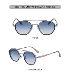 Front and 45-degree side views of light gunmetal polygonal sunglasses with blue lenses
