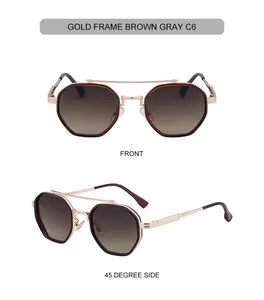 Front and 45-degree views of gold metal polygon sunglasses with double bridge and gradient lenses