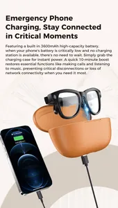 Detalle de gafas inteligentes con estuche de carga de cuero 3600mAh cargando un móvil