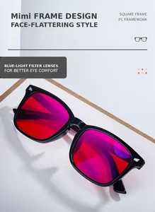 Detalle de las gafas de montura cuadrada con filtro de luz azul y lentes teñidas de rojo púrpura