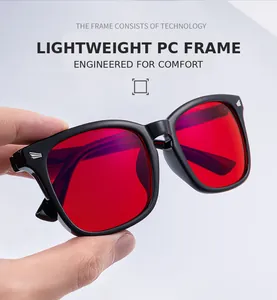 Detalle de gafas de sol cuadradas negras de PC con lentes rojas y detalles de alas plata