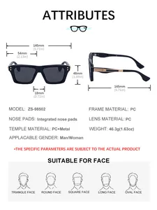 Detailed dimensions of square black sunglasses with gold rivets and PC frame design
