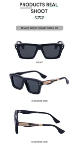 Front and side views of square sunglasses with black gold frame and gray lenses