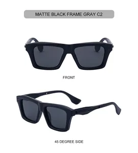 Detail view of matte black square frames and gray lenses from front and side angles