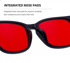 Detalle de almohadillas nasales fijas en gafas de sol cuadradas con lentes rojas