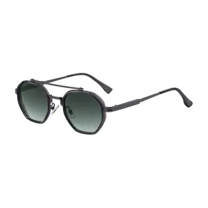 Polygon double bridge sunglasses with grey metal frame and green gradient lenses