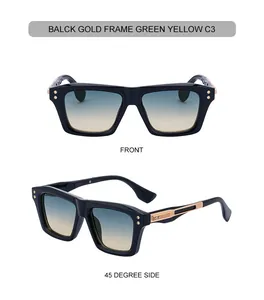 Front and 45-degree side view of square sunglasses with gold metal temples and C3 lenses