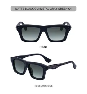 Front and 45-degree views of matte black square sunglasses with green gradient lenses