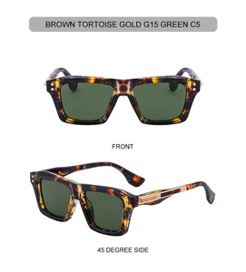 Detail view of brown tortoise square sunglasses with gold metal accents and G15 green lenses