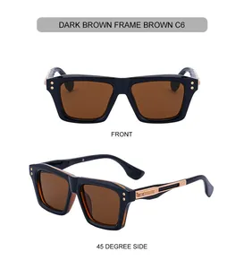 Detail view of square brown sunglasses with golden metallic temple accents from two angles