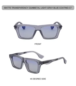 Matte grey square sunglasses with blue lenses in front and side view for men
