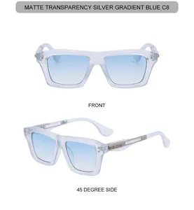 Front and 45-degree side view of square sunglasses with matte transparent frames and blue lenses