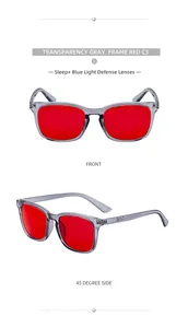 Detalle de la montura gris transparente y lentes rojas para dormir anti-luz azul