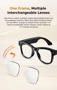 Detalle de gafas inteligentes con lentes desmontables y lente de cámara en marco negro