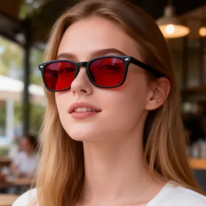 Gafas de Dormir con Bloqueo de Luz Azul Lente Roja Gafas de Sol Cuadradas para Hombre Mujer Marco PC UV400 Moda Regalo