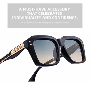 Detail view of square polarized sunglasses with black frames and gold metal temples